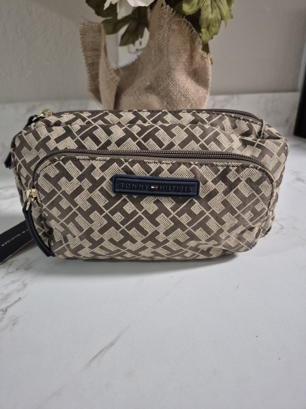 Tommy Hilfiger Beige and Brown Geometric Multifunctional Bag